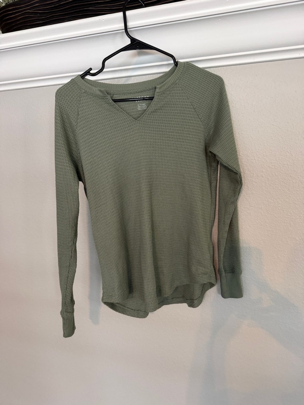 American Eagle Waffle Knit Long Sleeve Top - Olive Green